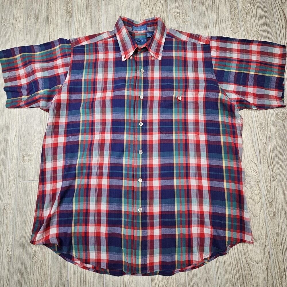 Towncraft Shirt Mens Extra Large Red Blue‎ Plaid Short Sleeve Button Up Pocket